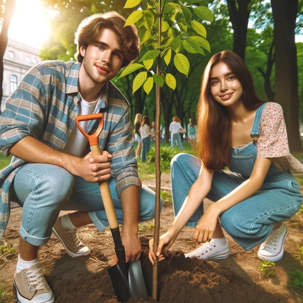 un hombre y una mujer están plantando un árbol en el parque