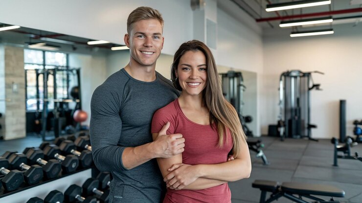 un hombre y una mujer están posando en un gimnasio con una mujer