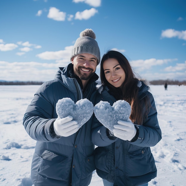 un hombre y una mujer están posando en la nieve usando guantes