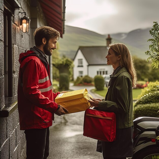 Foto un hombre y una mujer están repartiendo un regalo de una casa.