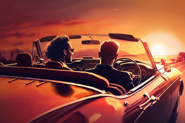 Un hombre y una mujer están sentados en un auto descapotable, mirando la puesta de sol.
