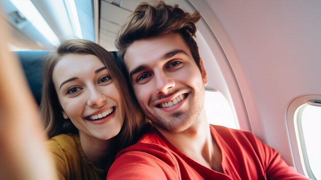 Un hombre y una mujer están sentados en un avión tomando selfies