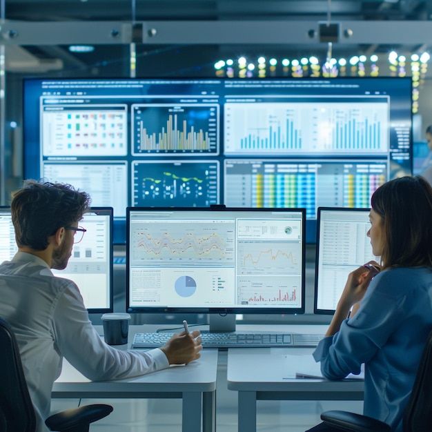 un hombre y una mujer están sentados en una computadora con un gráfico en la pantalla
