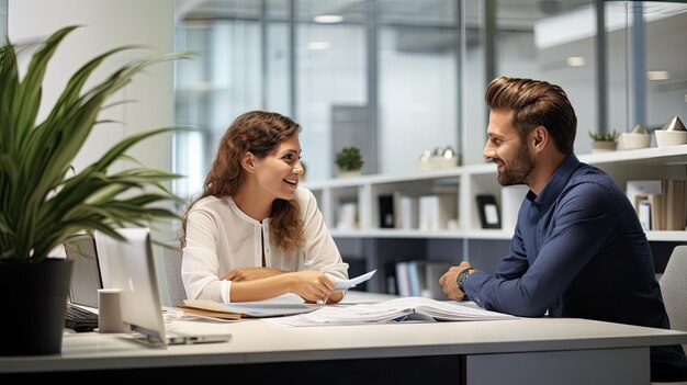 Foto un hombre y una mujer están sentados en un escritorio en un entorno profesional involucrados en una conversación