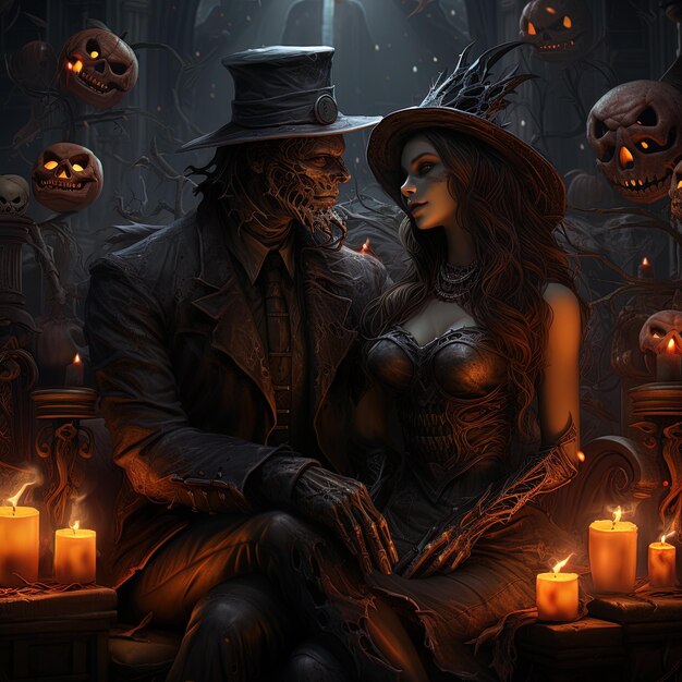 Foto un hombre y una mujer están sentados frente a un cráneo y esqueleto