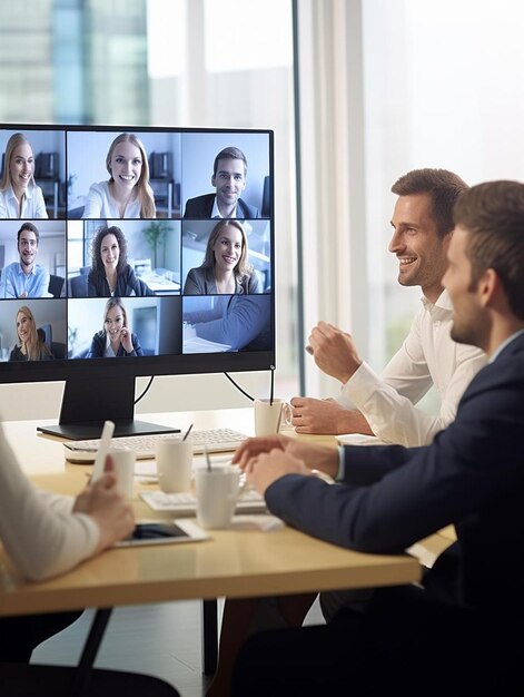 Foto un hombre y una mujer están sentados frente a una pantalla de computadora que tiene las palabras personas en él