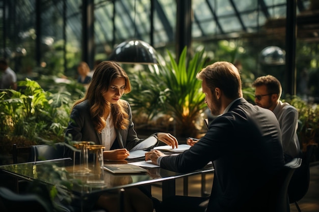 Un hombre y una mujer están sentados en una mesa con un libro titulado "la empresa".