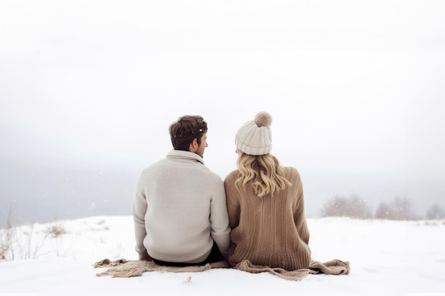 Un hombre y una mujer están sentados con ropa de invierno en la nieve en una colina rodeada de niebla, cita romántica en invierno