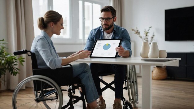 un hombre y una mujer están sentados en una silla de ruedas y usando una computadora tablet