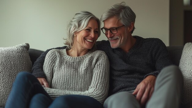 un hombre y una mujer están sentados en un sofá y sonriendo