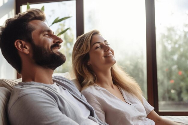 un hombre y una mujer están sentados en un sofá y sonriendo