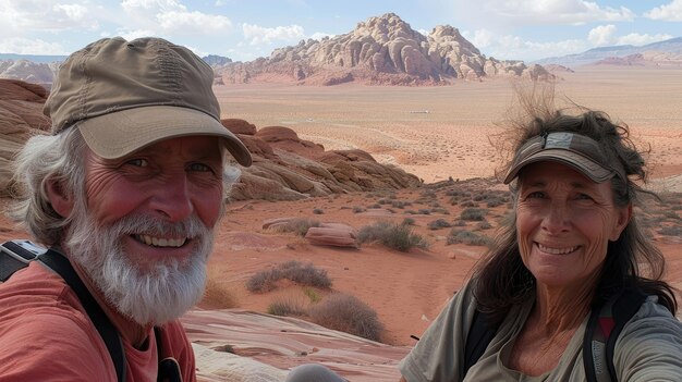 Un hombre y una mujer están sonriendo a la cámara en un desierto