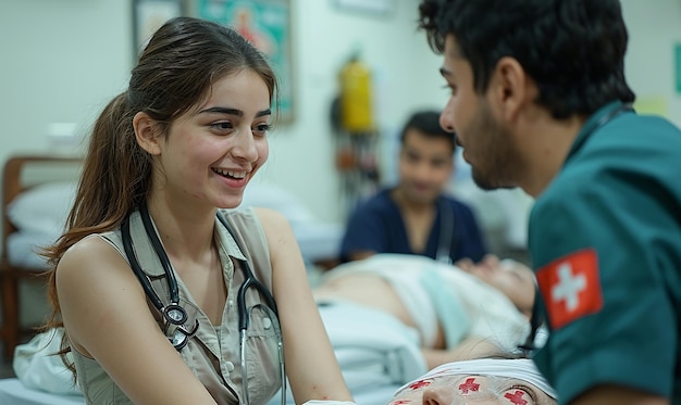 un hombre y una mujer le están sonriendo a un médico