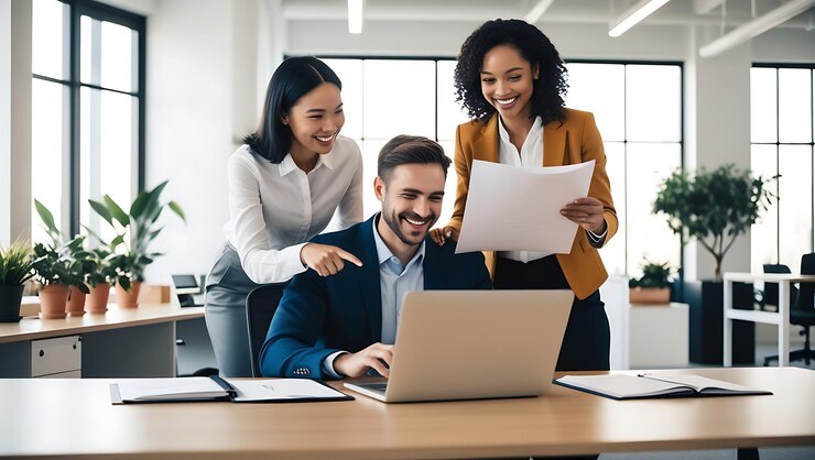 un hombre y una mujer están sonriendo mientras miran una computadora portátil