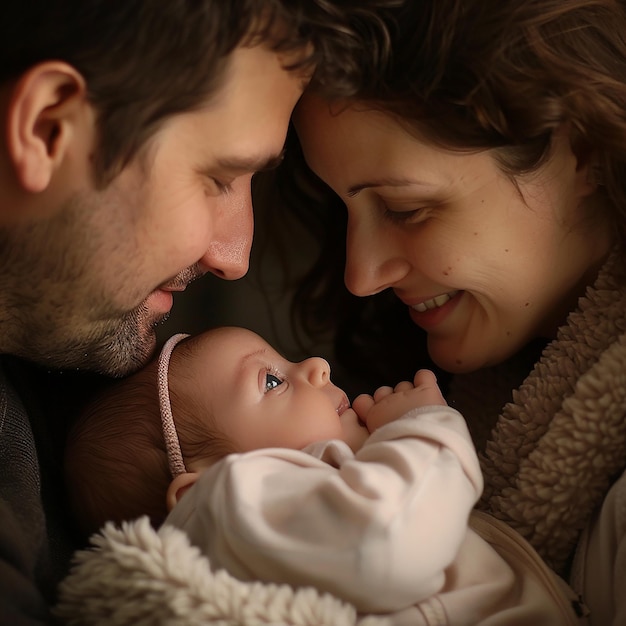 un hombre y una mujer están sosteniendo a un bebé y sonriendo