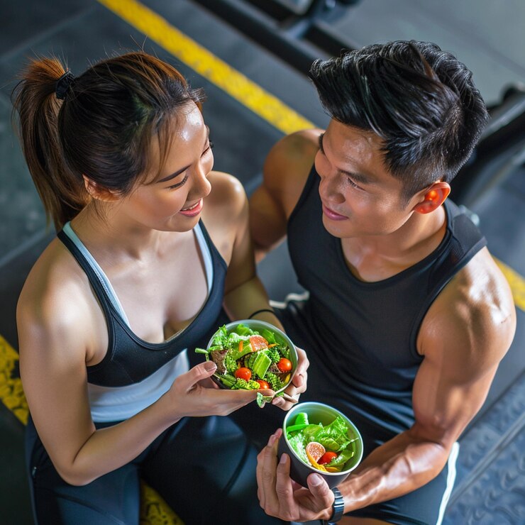 un hombre y una mujer están sosteniendo cuencos de ensalada y un cuenco de ensalada