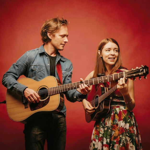un hombre y una mujer están tocando una guitarra