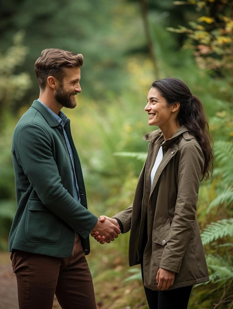 un hombre y una mujer estrechándose las manos en un bosque.