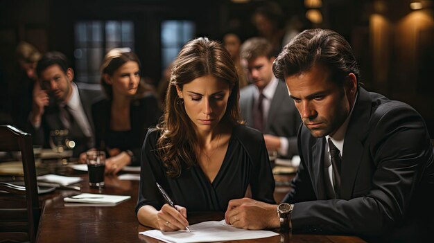 un hombre y una mujer firmando un documento en una sala de conferencias.