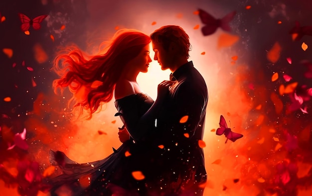 Un hombre y una mujer frente a un fuego con una mariposa roja en la espalda.