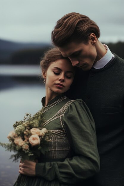 Un hombre y una mujer frente a un lago con un ramo de rosas.