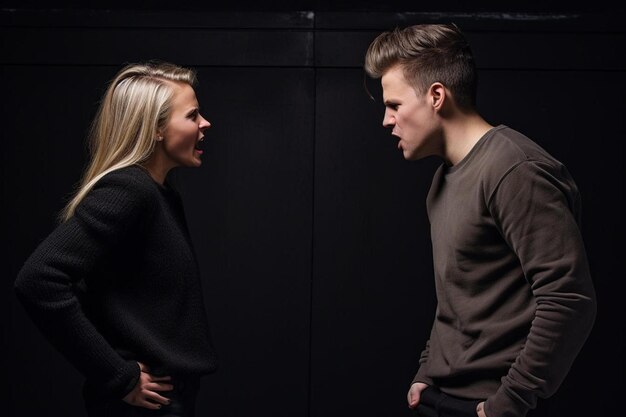 Foto un hombre y una mujer hablando frente a una pared negra