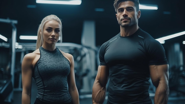 Hombre y mujer haciendo entrenamiento de estimulación electromuscular en un gimnasio moderno IA generativa