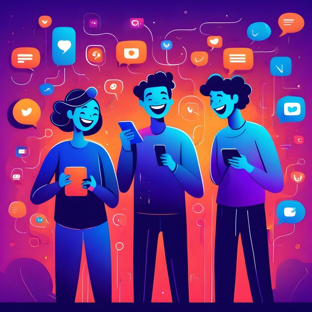 Hombre y mujer jóvenes usando su teléfono inteligente Ilustración vectorial colorida