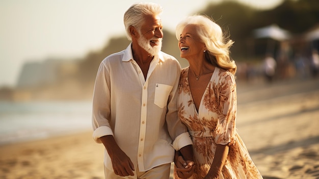 Foto hombre y mujer jubilados felices caminando y tomados de la mano en una playa al atardecer.