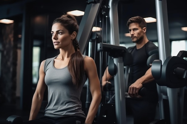 Un hombre y una mujer juegan deportes en el gimnasio con un entrenador personal