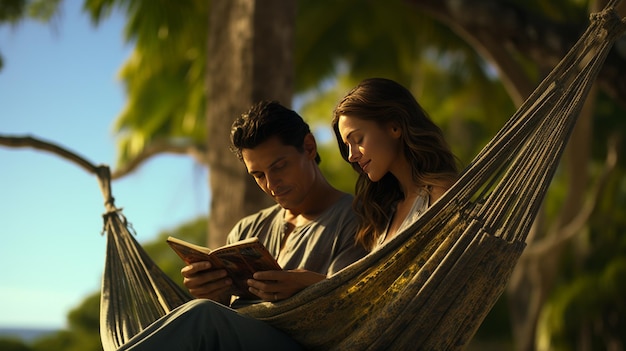 Hombre y mujer leyendo un libro en una hamaca