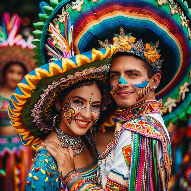 un hombre y una mujer llevan trajes coloridos y uno de ellos tiene un sombrero colorido