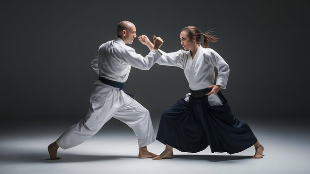 Hombre y mujer luchando y entrenando aikido en el estudio blanco