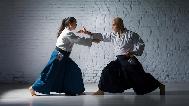 Hombre y mujer luchando y entrenando aikido en la pared blanca del estudio