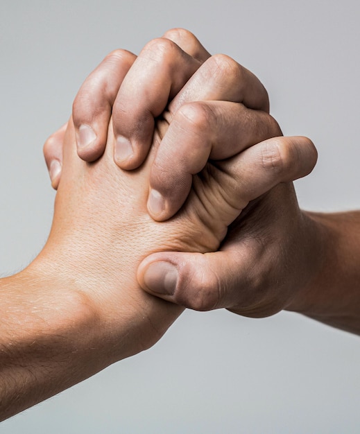 Hombre y mujer mano unida en apretón de mano que podría significar ayuda tutela