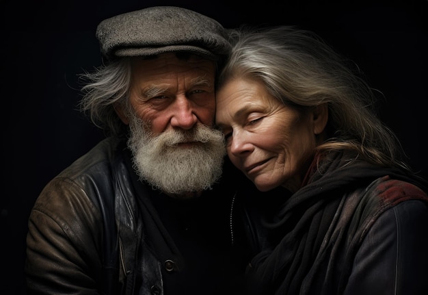 Un hombre y una mujer mayores abrazándose en un fondo oscuro