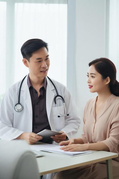 Foto hombre y mujer médico y paciente teniendo consulta médica auscultando el pecho en la clínica