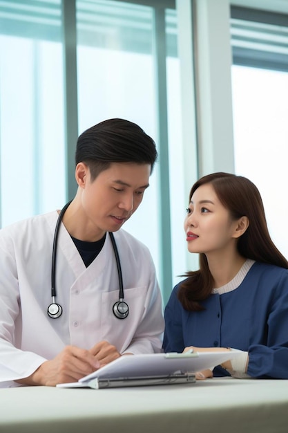 Foto hombre y mujer médico y paciente teniendo consulta médica auscultando el pecho en la clínica