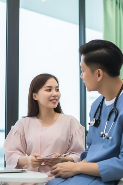 Foto hombre y mujer médico y paciente teniendo consulta médica auscultando el pecho en la clínica