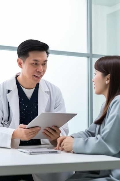 Foto hombre y mujer médico y paciente teniendo consulta médica auscultando el pecho en la clínica