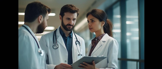 hombre y mujer médico teniendo una discusión en el pasillo del hospital médico discutiendo el estado del caso del paciente