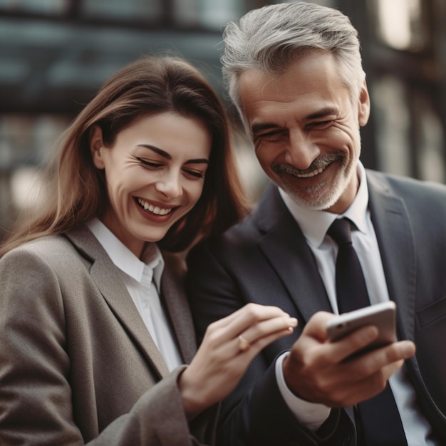 Un hombre y una mujer miran un celular y sonríen.