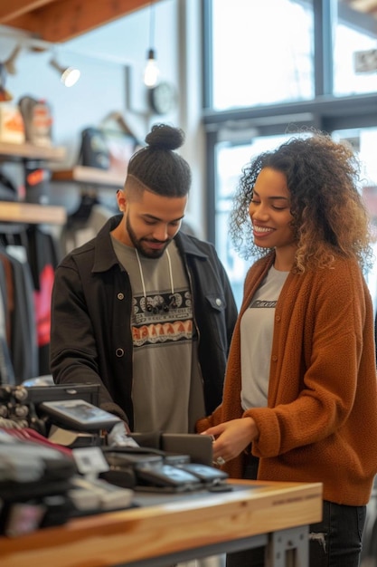 Foto un hombre y una mujer mirando artículos en una tienda