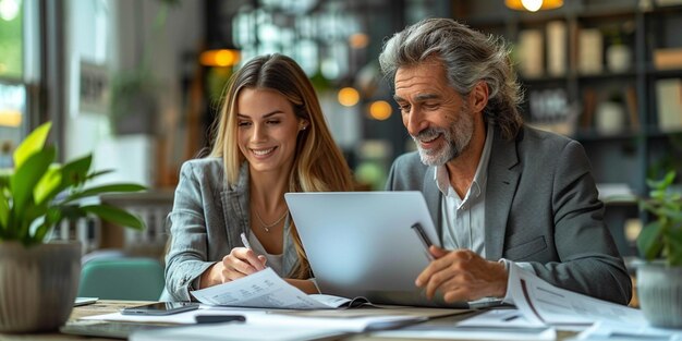 hombre y mujer mirando una computadora portátil y una mujer mirando un ordenador portátil