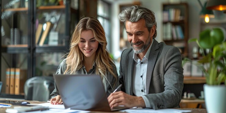 hombre y mujer mirando una computadora portátil y sonriendo