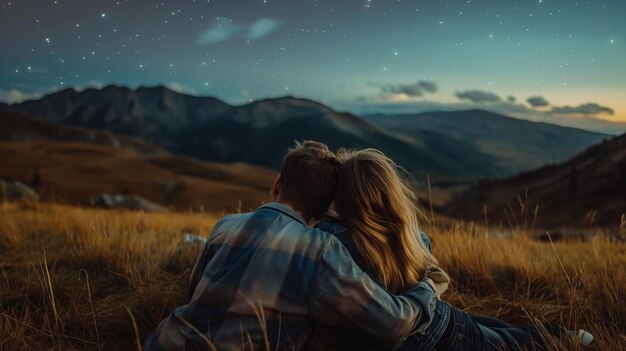 Hombre y mujer mirando las estrellas mientras yacen en la hierba en el campo