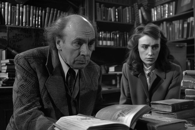 Un hombre y una mujer mirando un libro en una biblioteca