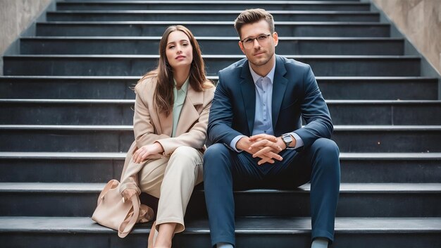 Foto hombre y mujer de moda sentados en una escalera