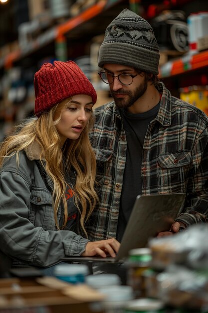 Hombre y mujer monitorean la pantalla de la computadora portátil en un ocupado almacén de alimentos