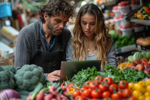 Hombre y mujer monitorean la pantalla de la computadora portátil en un ocupado almacén de alimentos